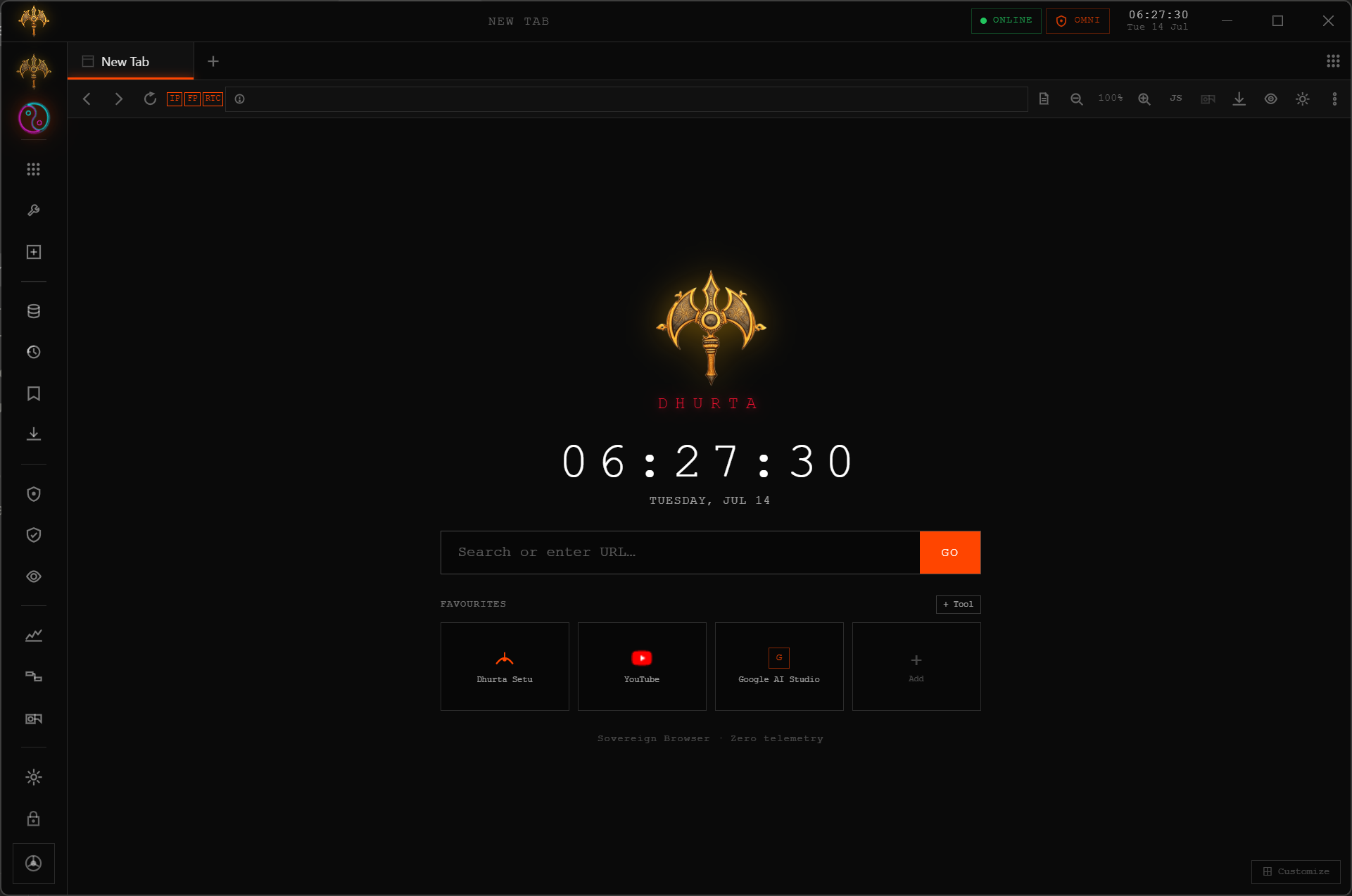 Dhurta new-tab screen, real capture